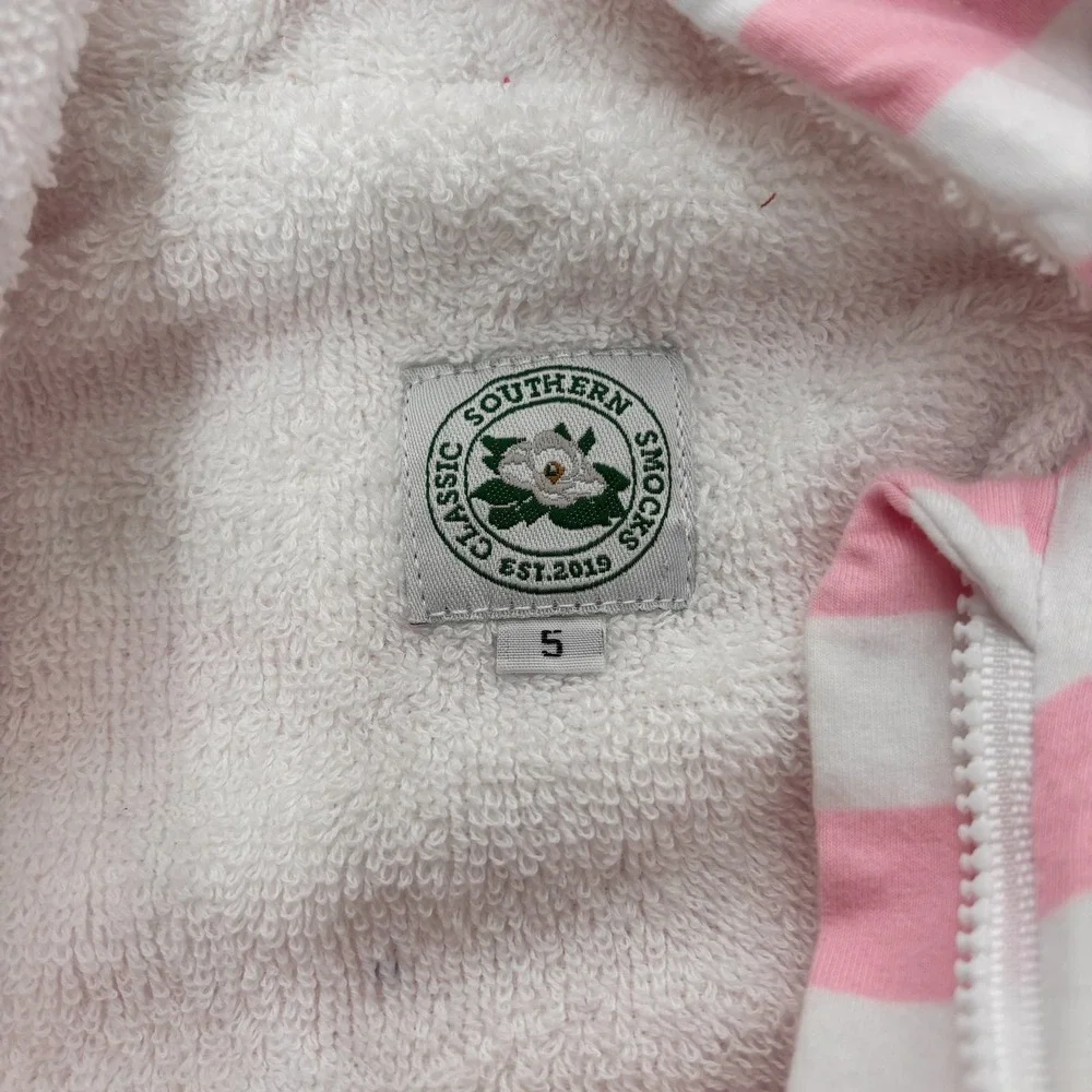 Southern Smocks Classic Kids Size 5 Pink White Stripe Terry Hooded Robe Cover Up